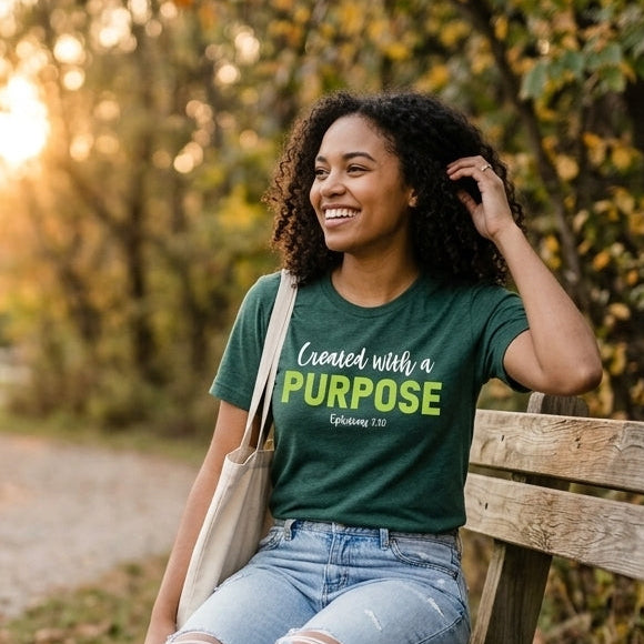 A woman sits on a wooden park bench outdoors, wearing a dark green graphic T-shirt with the text 'Created on with a PURPOSE' in bright green and white. The background shows a sunlit wooded path with autumn foliage.